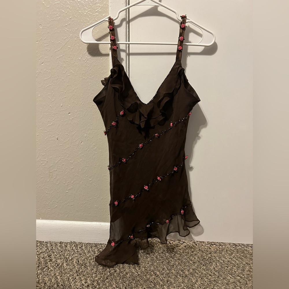 Vintage y2k asymmetrical beaded brown floral top with pink roses